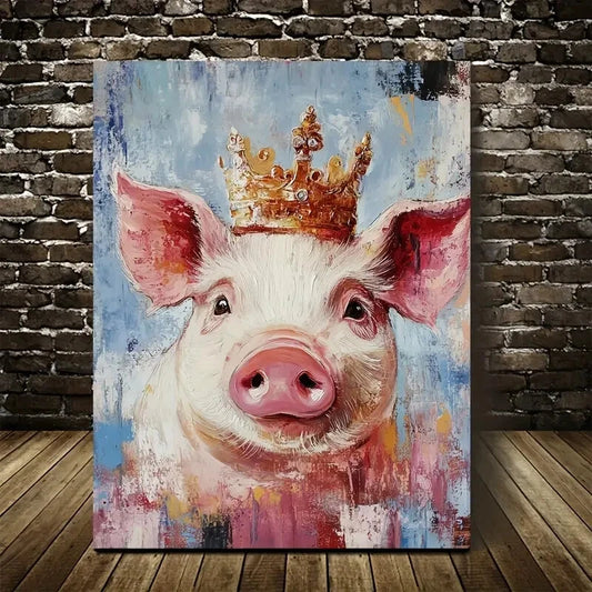Crowned Pig Painting Vibrant Colors & Pine Painting 40x60cm Metal Print Ready to Hang - Bella Home Decor