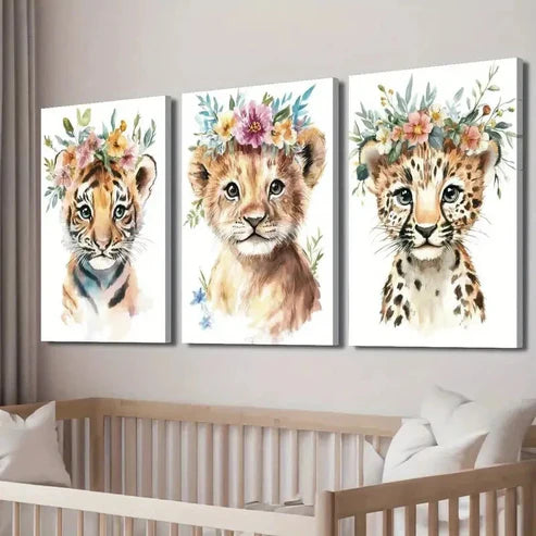 3pcs Tiger Cub & Lion with Floral Crowns Wall Art Canvas Unframed - High Quality Print 100% Australian Made Wall Canvas