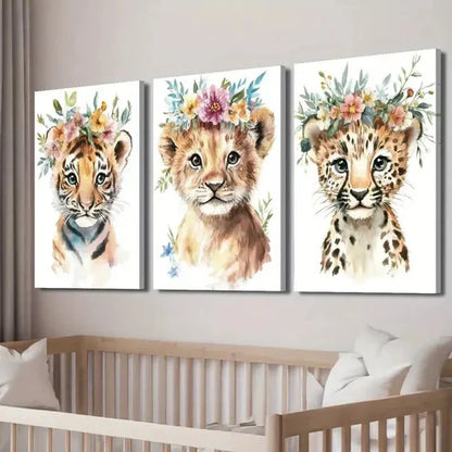 3pcs Tiger Cub & Lion with Floral Crowns Wall Art Canvas Unframed - High Quality Print 100% Australian Made Wall Canvas