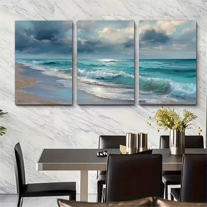 3pcs Seaside Oil Painting Coastal Landscapes Metal Print Ready to Hang Art