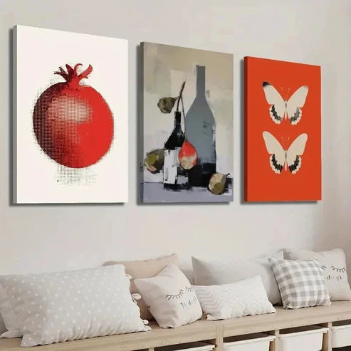3pcs Vintage Pomegranate Wine Bottle & Butterfly Wall Art Set Canvas Unframed - High Quality Print 100% Australian Made Wall Canvas