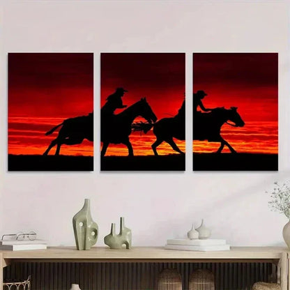 3pcs Silhouette Cowboy Horse Riding Sunset Wall Art Canvas Unframed - High Quality Print 100% Australian Made Wall Canvas