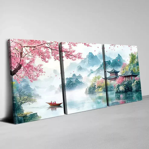 3pcs Watercolor Scenic Landscape Cherry Blossoms Art Set Canvas Unframed - High Quality Print 100% Australian Made Wall Canvas