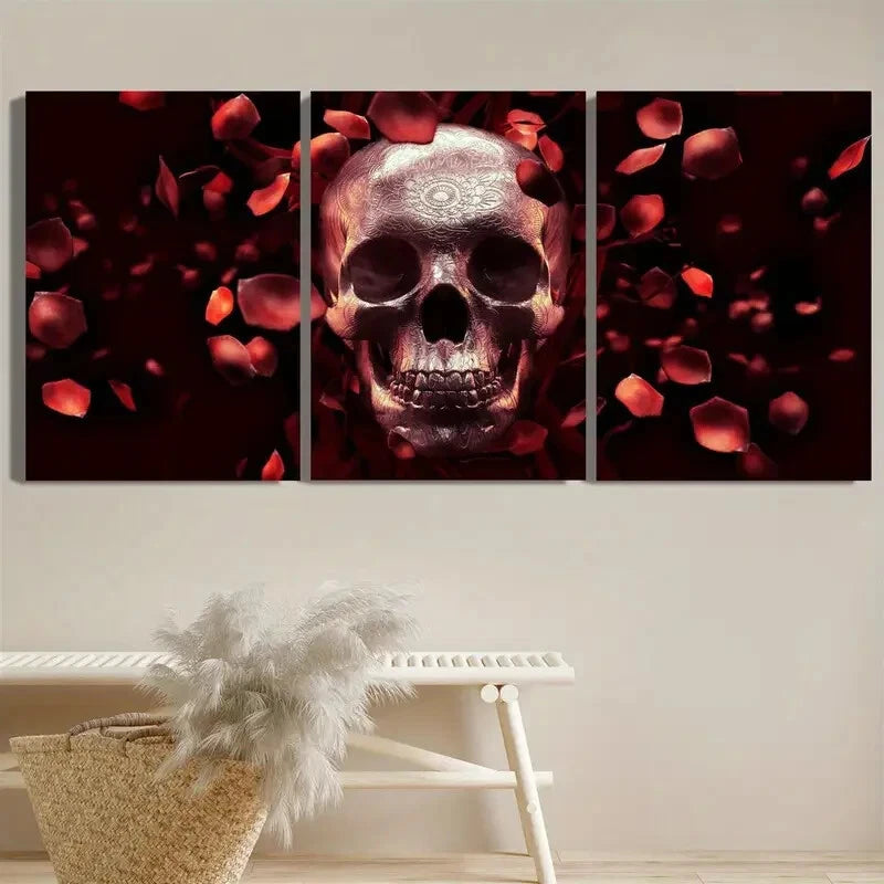 3pcs Rose Petals Skull Gothic Style Scary Bones Metal Print Ready to Hang Art - Bella Home Decor