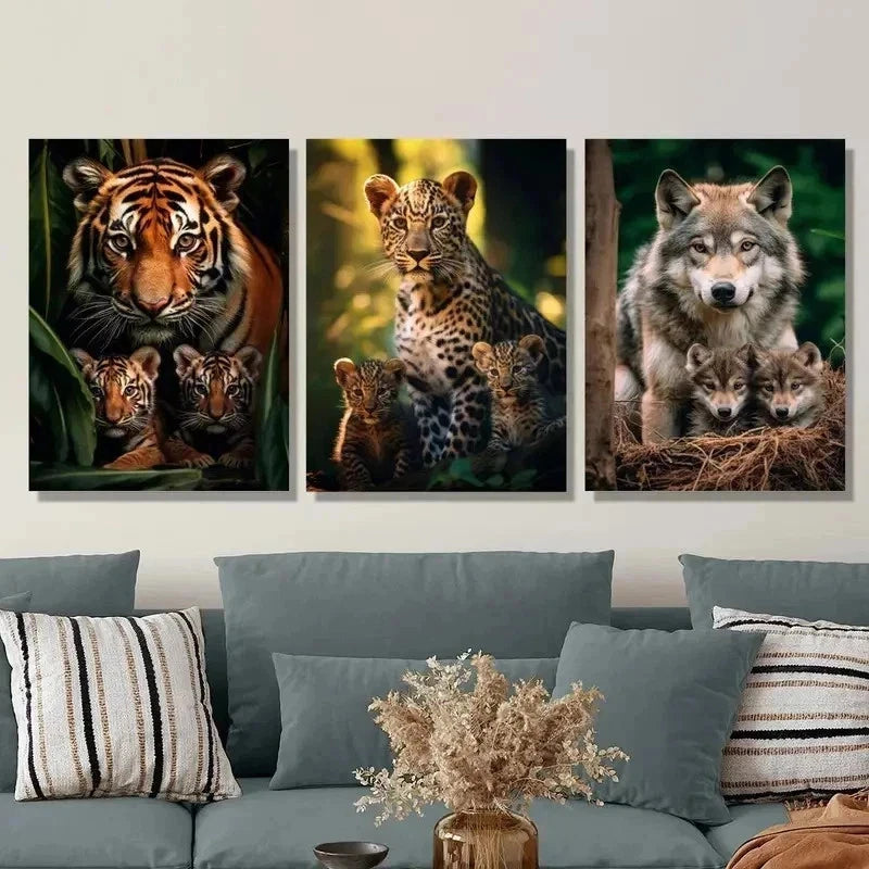 3pcs Vibrant Tiger, Leopard & Wolf Family  Wall Art Set Canvas Framed 60x90cm - High Quality Print 100% Australian Made Wall Canvas Ready to Hang