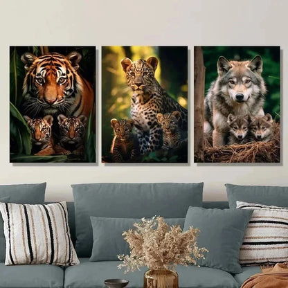 3pcs Vibrant Tiger, Leopard & Wolf Family  Wall Art Set Canvas Framed 60x90cm - High Quality Print 100% Australian Made Wall Canvas Ready to Hang
