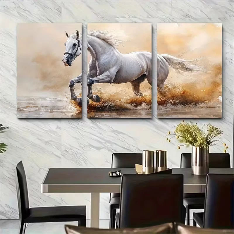 3pcs Elegant White Andalusian Horse Metal Print Ready to Hang Art