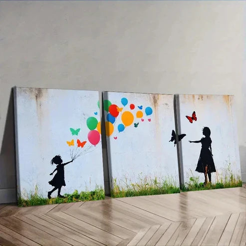 3pcs Little girl and butterfly balloon Wall Art Canvas Unframed - High Quality Print 100% Australian Made Wall Canvas