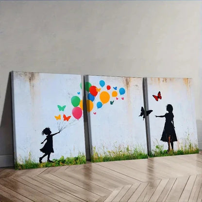 3pcs Little girl and butterfly balloon Wall Art Canvas Unframed - High Quality Print 100% Australian Made Wall Canvas