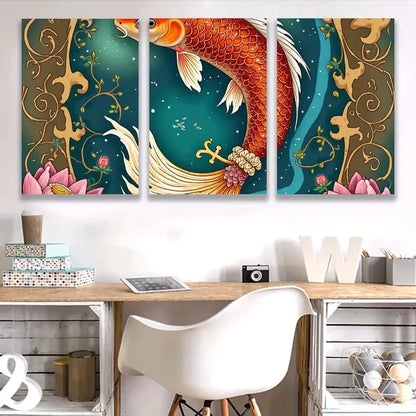 3pcs Vibrant Koi Fish & for Lotus Art  Wall Art Set Canvas Framed 60x90cm - High Quality Print 100% Australian Made Wall Canvas Ready to Hang