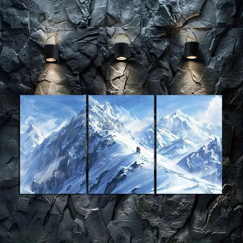 3pcs Illustration of the Top of a Snowy Mountain Metal Print Ready to Hang Art