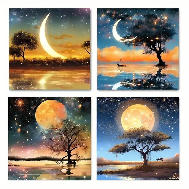 4pcs Night Scene Coastal Wall Art Canvas Framed
