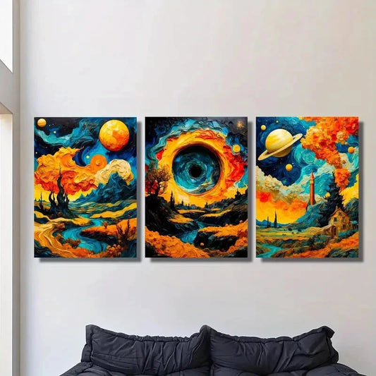 3pcs Vibrant Mountain Lake Sunset, Cosmic Sky, Art Metal Print Ready to Hang Art