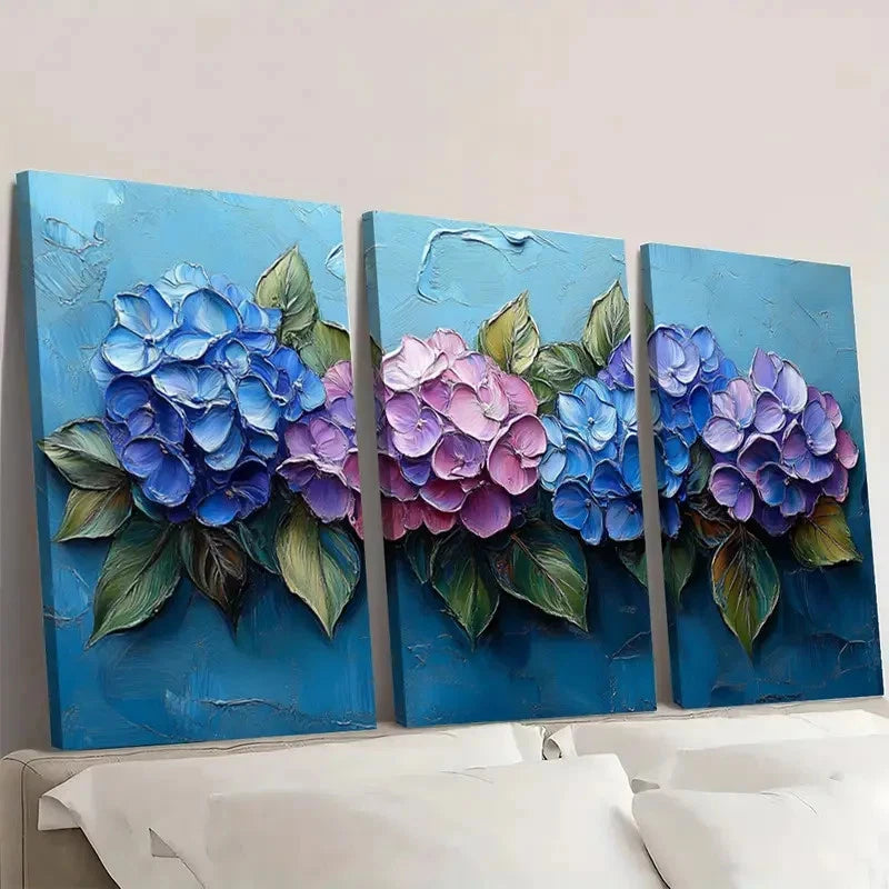 3pcs Vibrant Blue & Purple Flowers, Green G Wall Art Set Canvas Framed 50x70cm - High Quality Print 100% Australian Made Wall Canvas Ready to Hang