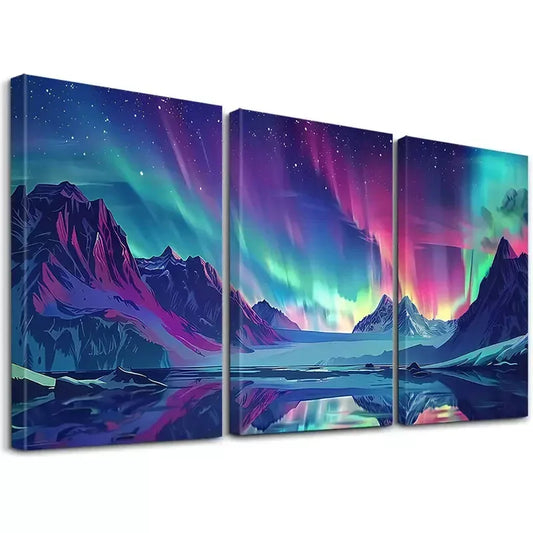 3pcs Decorative Aurora Borealis Icy Mountains Art Set Canvas Framed 50x70cm - High Quality Print 100% Australian Made Wall Canvas Ready to Hang