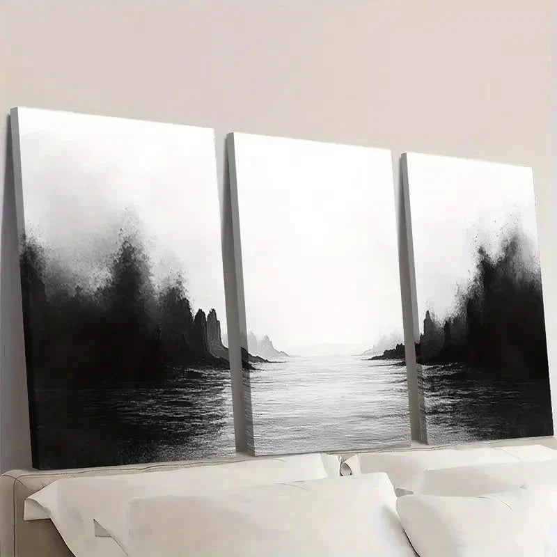 3pcs Black Ink Wash Minimalist Art DF Wall Art Set Canvas Framed 40x60cm - High Quality Print 100% Australian Made Wall Canvas Ready to Hang - Bella Home Decor