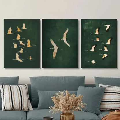 3pcs Featuring Cranes in Emerald Green Wall Art Set Canvas Unframed - High Quality Print 100% Australian Made Wall Canvas