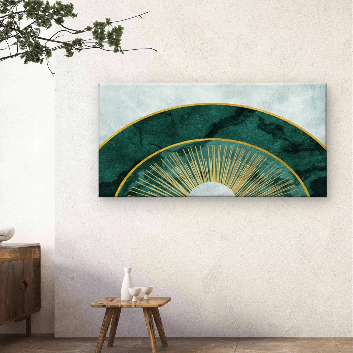 Emerald Green Marble and Gold Sun Wall Art Canvas Office Home Framed 120x60cm