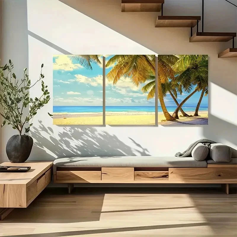 3pcs Coastal Triptych with Palm Trees & Ocean View Metal Print Ready to Hang Art - Bella Home Decor