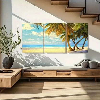 3pcs Coastal Triptych with Palm Trees & Ocean View Metal Print Ready to Hang Art - Bella Home Decor