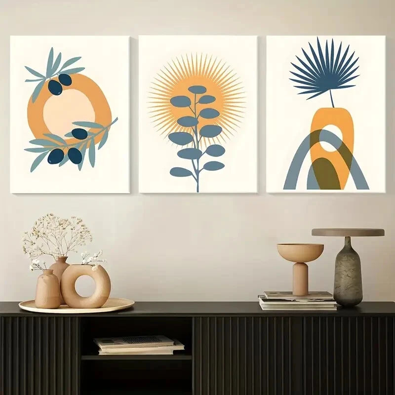 3pcs Abstract Geometric Neutral Bohemian Style Metal Print Ready to Hang Art - Bella Home Decor