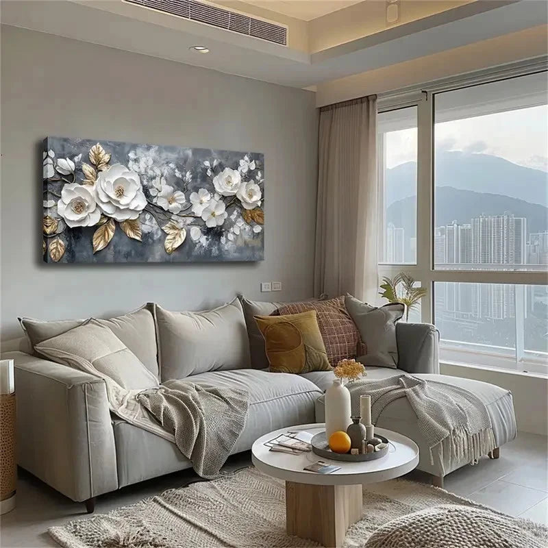 Blooming White Flowers & Gold Wall Art canvas office home room framed 120x60cm - Bella Home Decor