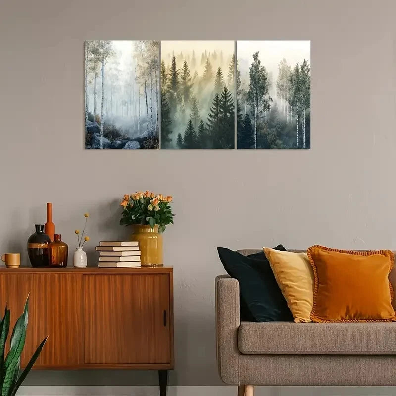 3pcs Vintage Nordic Forest with Misty Sunlit Scene Metal Print Ready to Hang Art - Bella Home Decor