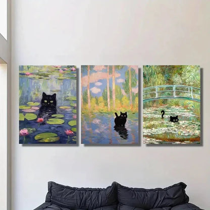 3pcs Black Cat Inspired by Monet Wall Art Canvas Unframed - High Quality Print 100% Australian Made Wall Canvas - Bella Home Decor
