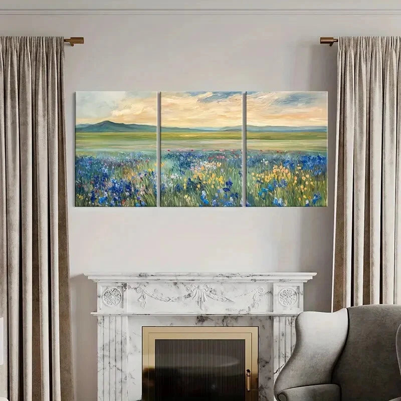 3pcs Landscape Painting Mountain Floral Field Metal Print Ready to Hang Art - Bella Home Decor