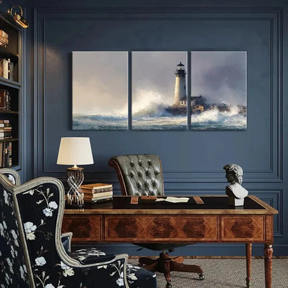 3pcs Lighthouse Coastal Scene Ocean Waves Metal Print Ready to Hang Art - Bella Home Decor