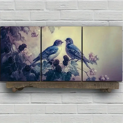 3pcs Birds on Blackberry Flowers Purple Metal Print Ready to Hang Art - Bella Home Decor