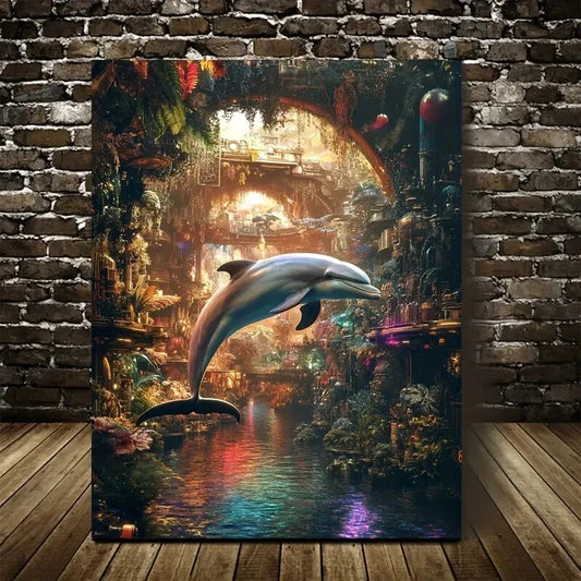 Steampunk Dolphin Jungle Scene with Rainbow Painting 40x60cm Metal Print Ready to Hang - Bella Home Decor