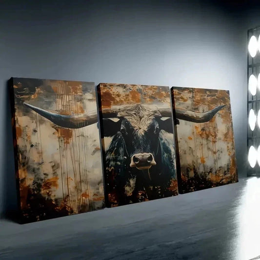 3pcs Rustic Longhorn Cow Art Set Canvas Framed 60x90cm - High Quality Print 100% Australian Made Wall Canvas Ready to Hang