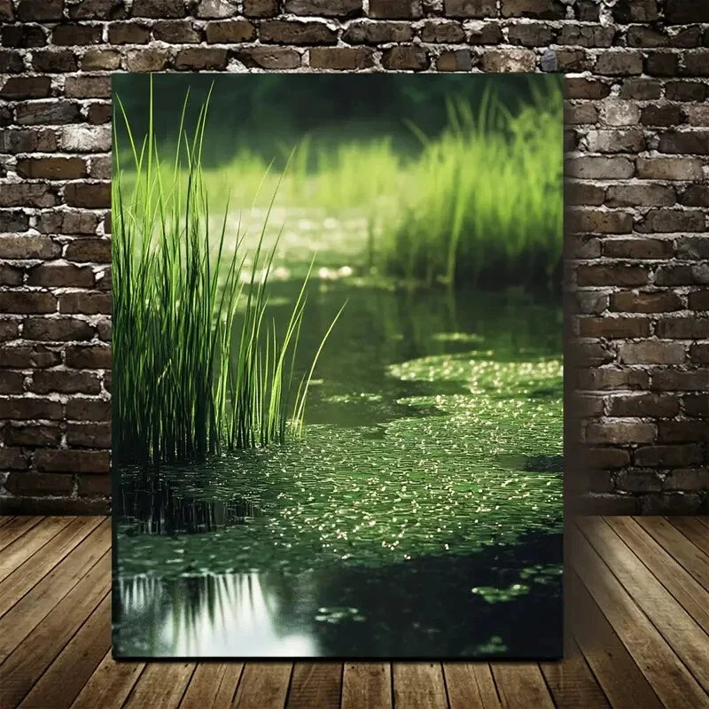 Green Aquatic Grassland Water Lily Painting 40x60cm Metal Print Ready to Hang - Bella Home Decor