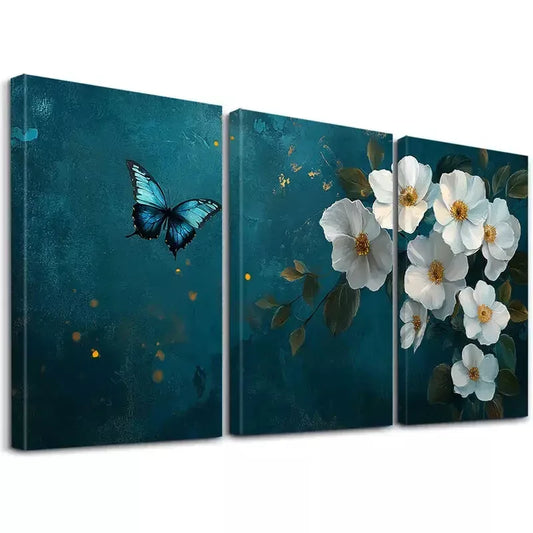 3pcs Modern Classic Blue Leaves Abstract Art Set Canvas Framed 50x70cm - High Quality Print 100% Australian Made Wall Canvas Ready to Hang