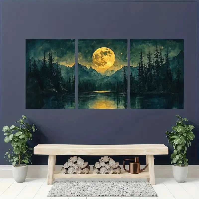 3pcs Watercolor Night Sky Forest & Lake Landscape Metal Print Ready to Hang Art - Bella Home Decor