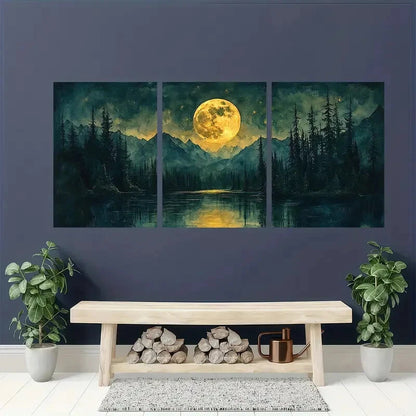 3pcs Watercolor Night Sky Forest & Lake Landscape Metal Print Ready to Hang Art - Bella Home Decor