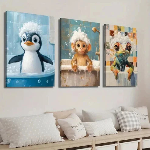 3pcs Cute Penguin Monkey Chameleon in Bathtub Wall Art Set Canvas Unframed - High Quality Print 100% Australian Made Wall Canvas - Bella Home Decor