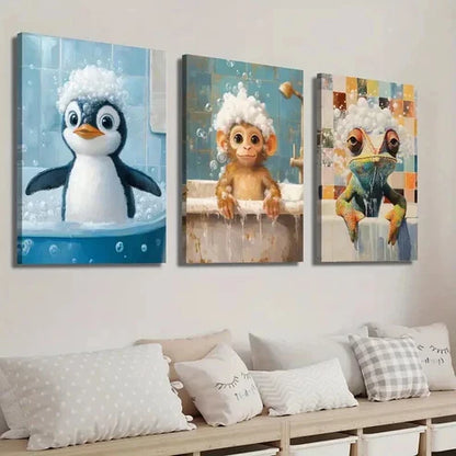 3pcs Cute Penguin Monkey Chameleon in Bathtub Wall Art Set Canvas Unframed - High Quality Print 100% Australian Made Wall Canvas - Bella Home Decor
