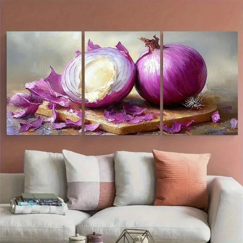 3pcs an Onion with Its Light Beige Half Peeled Metal Print Ready to Hang Art - Bella Home Decor