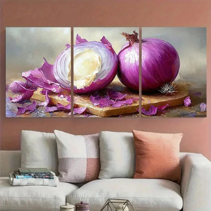 3pcs an Onion with Its Light Beige Half Peeled Metal Print Ready to Hang Art - Bella Home Decor