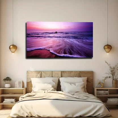 Bedroom with a large wall art depicting a sunset over water.