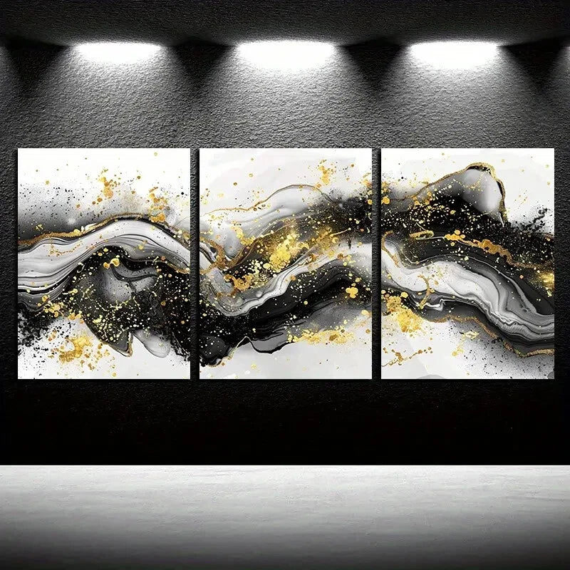 3pcs Vibrant Wave Abstract with Gold Accent Design Metal Print Ready to Hang Art - Bella Home Decor