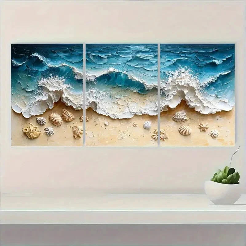 3pcs Textured Blue Wave & Sandy Shore Scene Metal Print Ready to Hang Art - Bella Home Decor