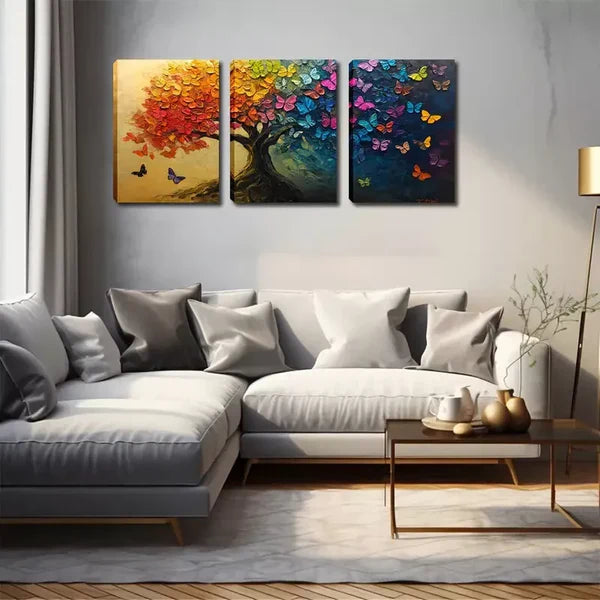 3pcs Beautiful Trees, Colorful Butterflies Wall Art Set Canvas Framed 60x90cm - High Quality Print 100% Australian Made Wall Canvas Ready to Hang - Bella Home Decor