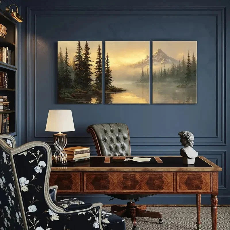 3pcs Mountain Landscape Pine Trees Snowy Peaks Metal Print Ready to Hang Art - Bella Home Decor