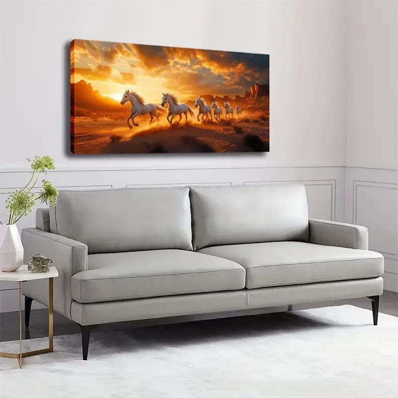 Realistic Sunset Horses Wall Art canvas office home room framed 120x60cm