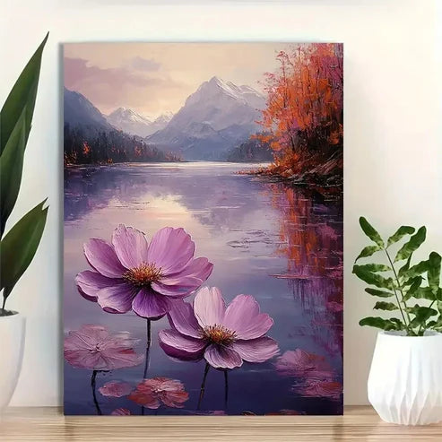 Purple Flower Lake Reflection Painting 60x90cm Metal Print Ready to Hang