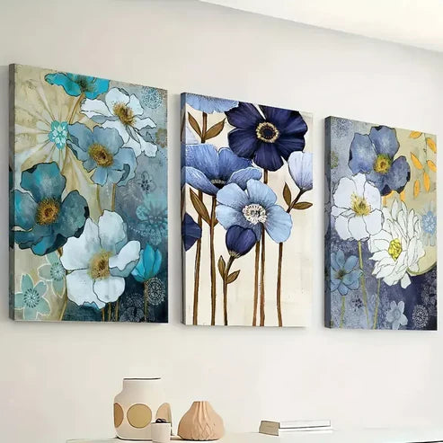 3pcs Abstract floral blue for Lotus Flowers Wall Art Canvas Unframed - High Quality Print 100% Australian Made Wall Canvas - Bella Home Decor