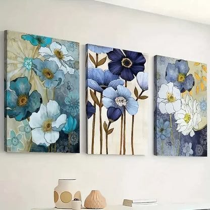 3pcs Abstract floral blue for Lotus Flowers Wall Art Canvas Unframed - High Quality Print 100% Australian Made Wall Canvas - Bella Home Decor